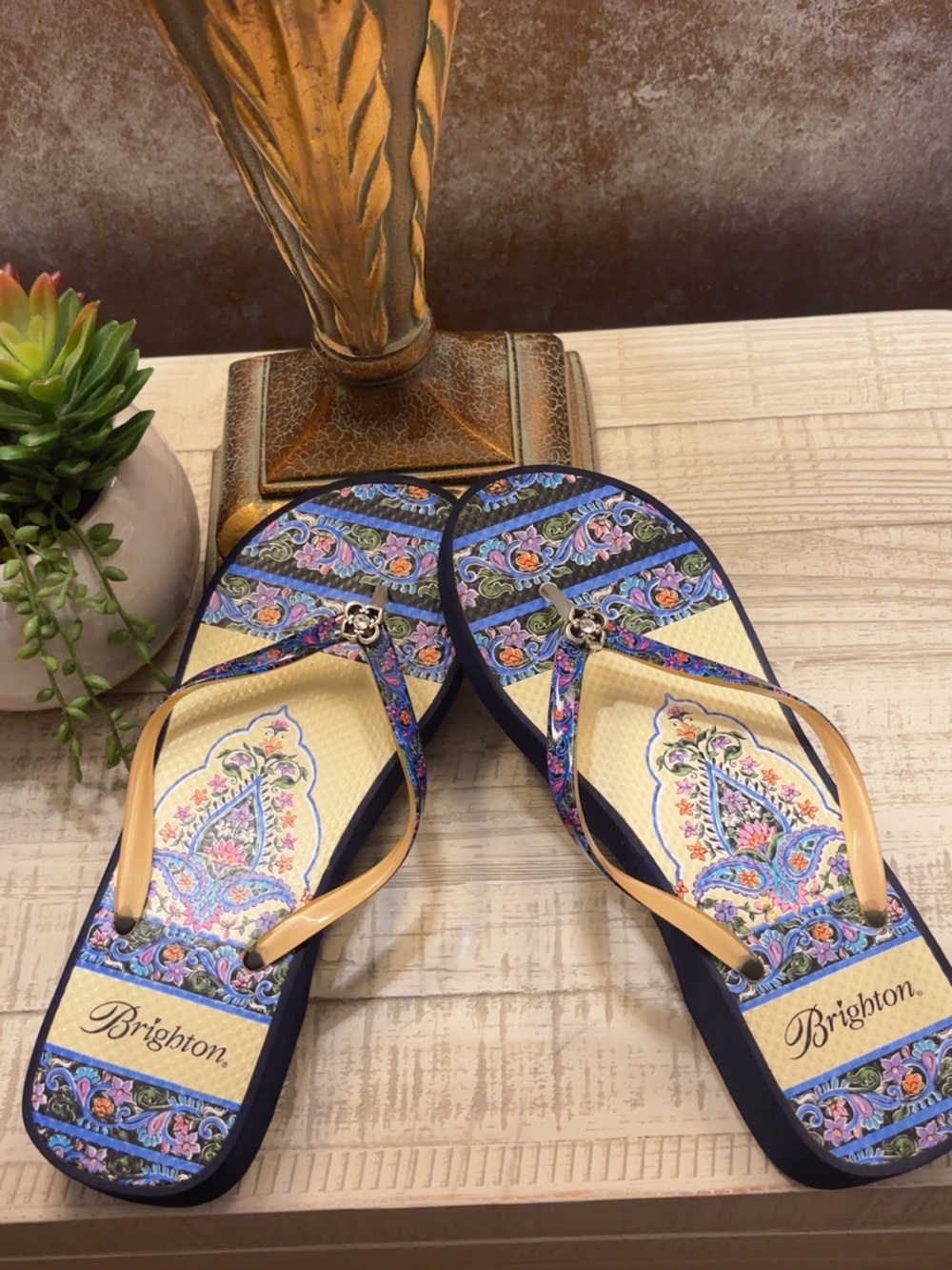 Brighton Navy, Cream and Tan Floral Flip Flop Sandals